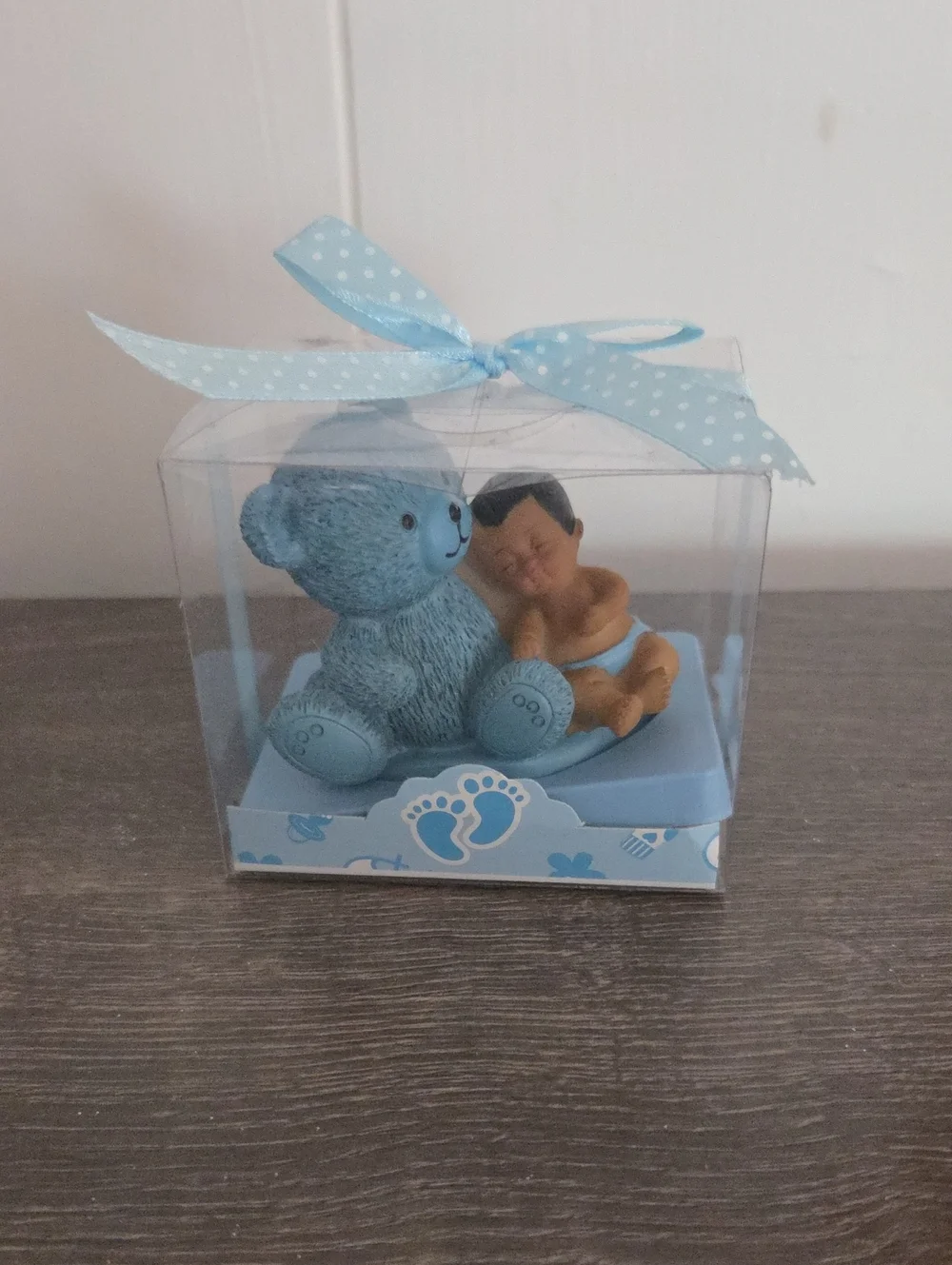 Blue Teddy Bear with Sleeping Baby Figurine in Gift Box